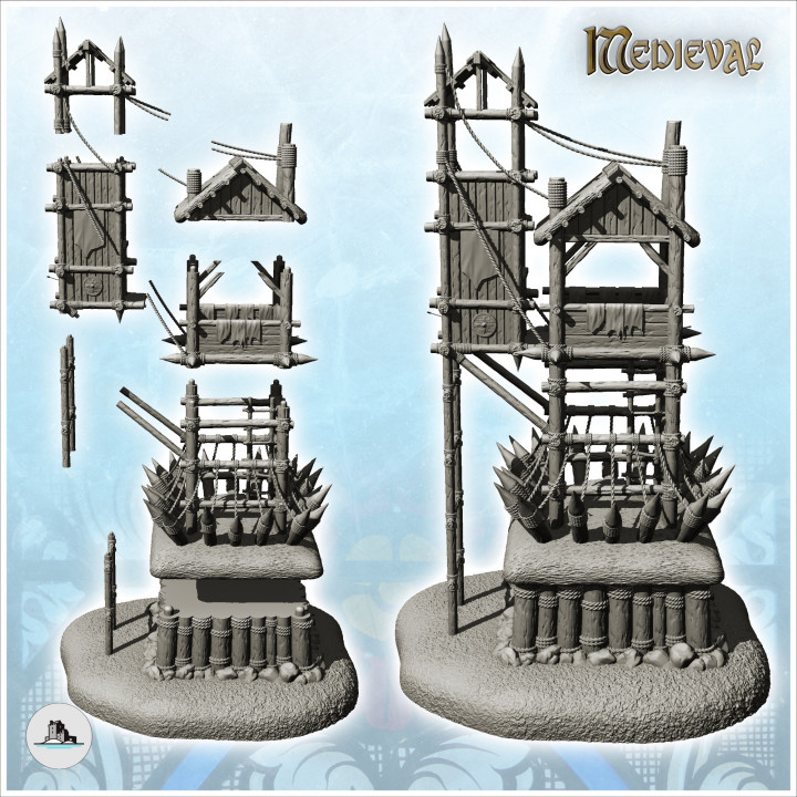 Wooden outpost with two adjoining towers with thatched or wooden roof (8) - DnD Wargaming Medieval War of the Rose Saga image