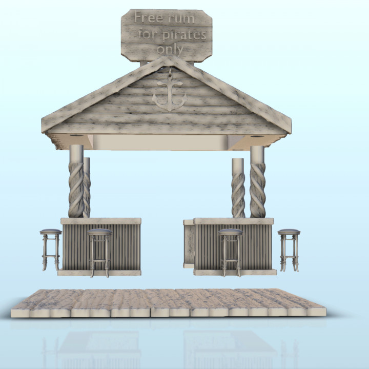 Outdoor wooden pirate bar with chairs and roof (5) - Pirate Jungle Island Beach Piracy Caribbean Medieval image