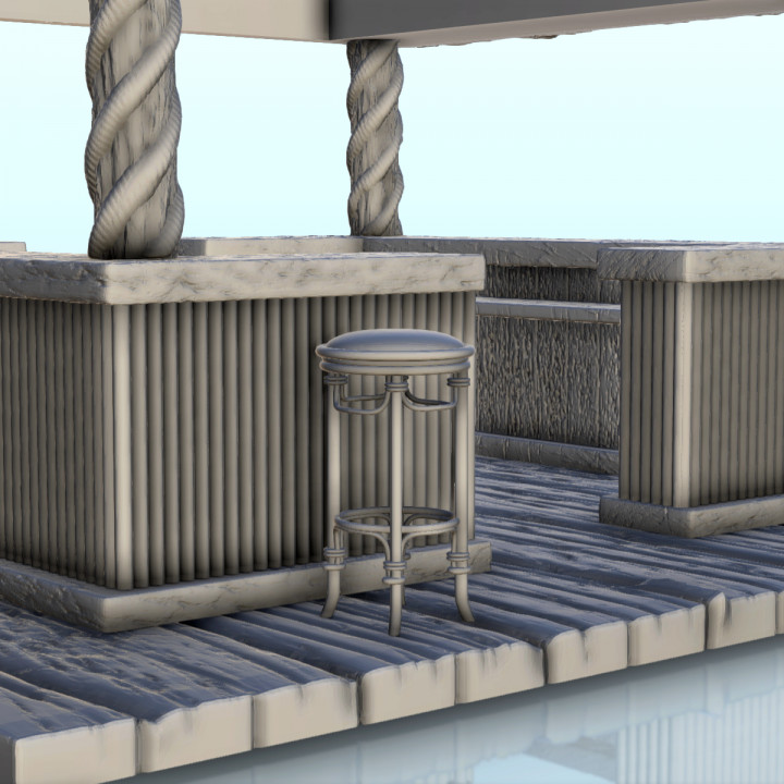 Outdoor wooden pirate bar with chairs and roof (5) - Pirate Jungle Island Beach Piracy Caribbean Medieval image