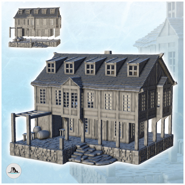 Large medieval two-story building with stone platform and pillars (10) - Pirate Jungle Island Beach Piracy Caribbean Medieval image