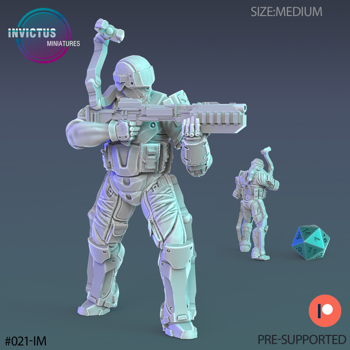 Exoskelet Soldier Shooting / Space Warrior / War Trooper / Cyberpunk Alien / Invasion Army / Steampunk Battle Construct / Sci-Fi Encounter image