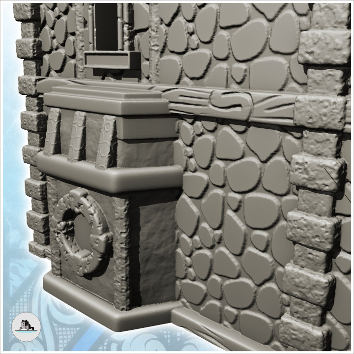 Large two-story stone building with entrance canopy and columns (16) - Medieval Feudal Old Archaic Saga 28mm 15mm