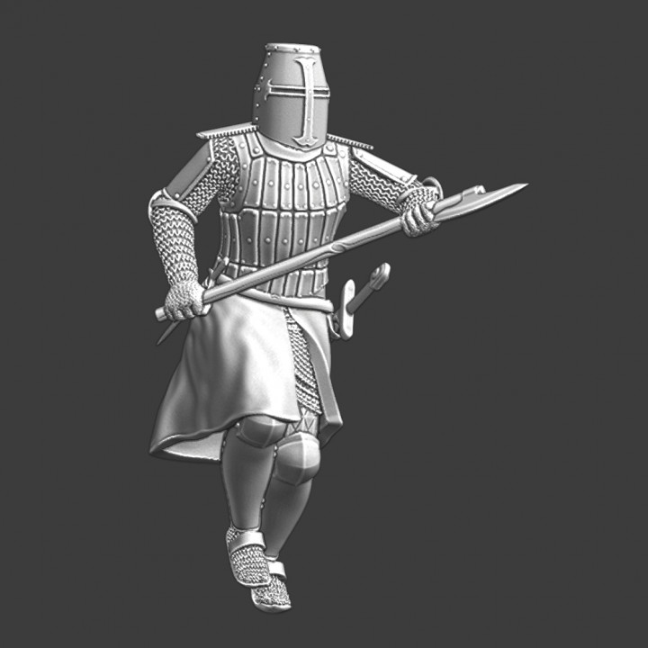 Medieval crusader Knight running with great axe