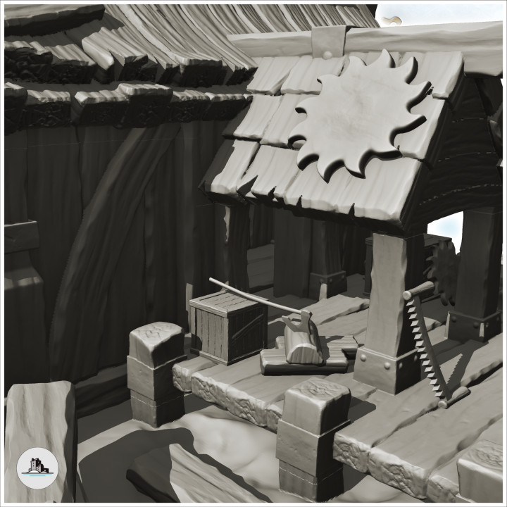 Sawmill with saw bench and stored wood (6) - Medieval Gothic Feudal Old Archaic Saga 28mm 15mm