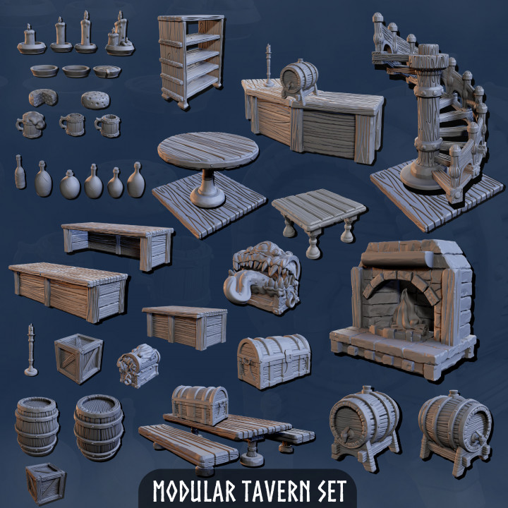 Medieval Tavern Set - Modular Tavern Set - Keep - Inn - Medieval Tavern - Medieval Inn - Medieval Keep - Tavern Bundle - Tavern Building - House - Building - Furniture image