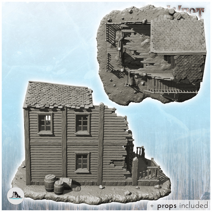 Ruined wooden building with damaged stairs and cart (+ props) (29) - Cowboy USA America ACW American Civil War History Historical image