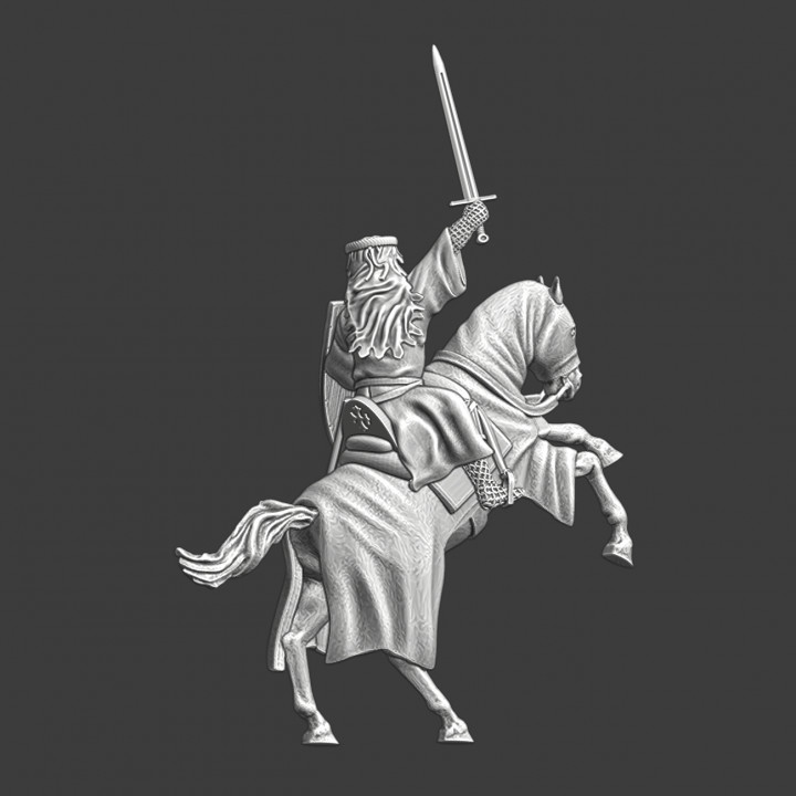 Medieval crusader mounted and raised sword image