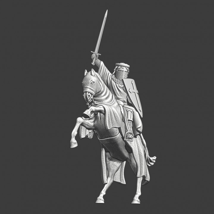 Medieval crusader mounted and raised sword image