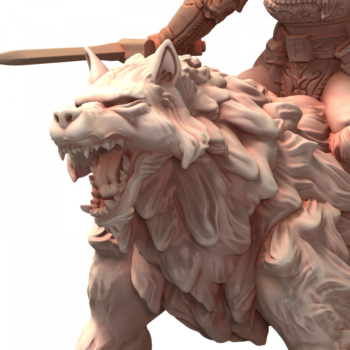 021 Fantasy Space Viking Norse Wolf Werewolf Female Berserker Warrior Fenrir Rider Holding Mjolnir Hammer Axe and Shield image
