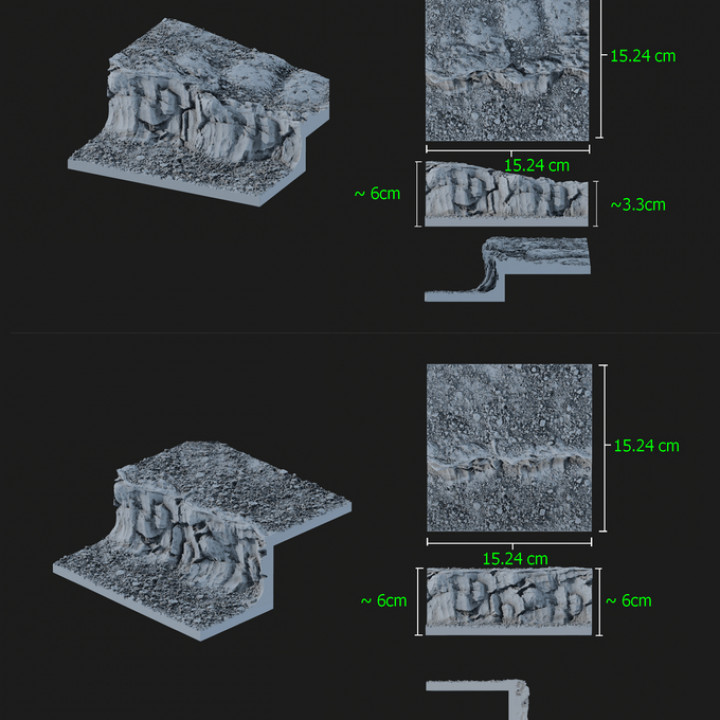 3D Printable Multi Level Cliff Terrain | 6" x 6" Tiles | STL Tiles | Modular Battlefield - Cliffs Pack image