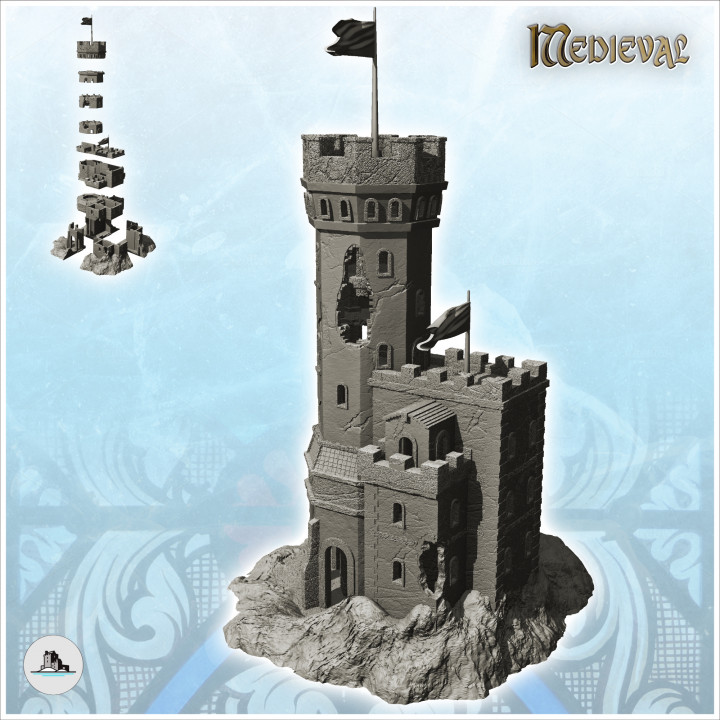 Stone castle with damaged keep and double flags (16) - Medieval Gothic Feudal Old Archaic Saga 28mm 15mm image