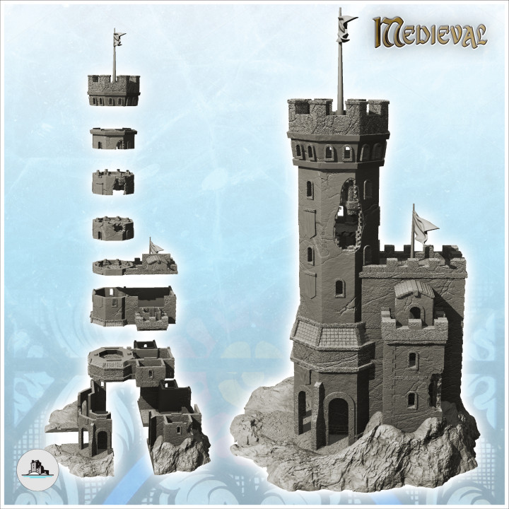 Stone castle with damaged keep and double flags (16) - Medieval Gothic Feudal Old Archaic Saga 28mm 15mm image