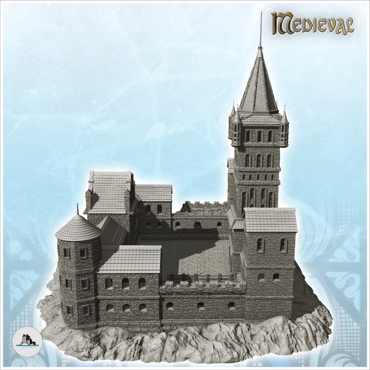 Large damaged stone castle with corner towers and high soaring keep (17) - Medieval Gothic Feudal Old Archaic Saga 28mm 15mm image