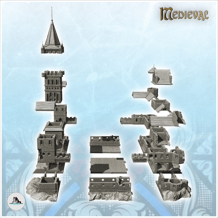 Large damaged stone castle with corner towers and high soaring keep (17) - Medieval Gothic Feudal Old Archaic Saga 28mm 15mm image