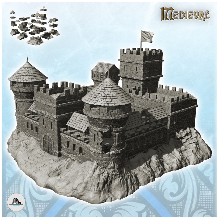 Large damaged castle with double towers and keep with flag (18) - Medieval Gothic Feudal Old Archaic Saga 28mm 15mm image