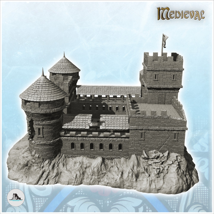 Large damaged castle with double towers and keep with flag (18) - Medieval Gothic Feudal Old Archaic Saga 28mm 15mm image