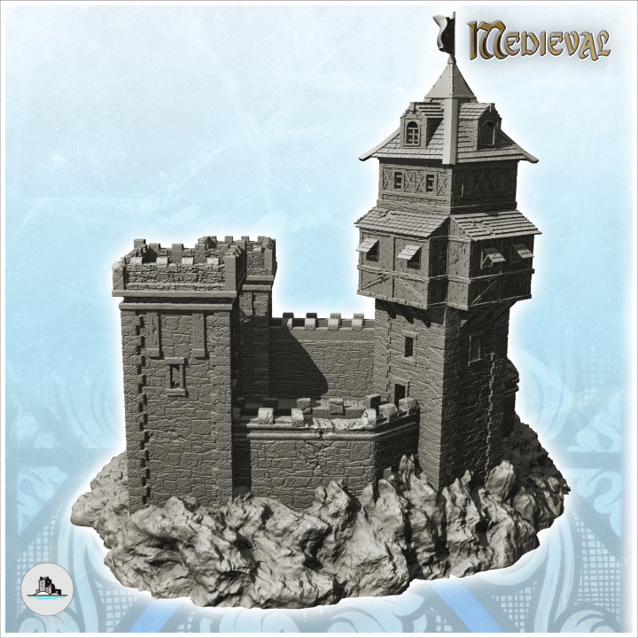 Large damaged castle with triple crenellated towers and wooden keep with  flag (19) - Medieval Gothic Feudal Old Archaic Saga 28mm 15mm