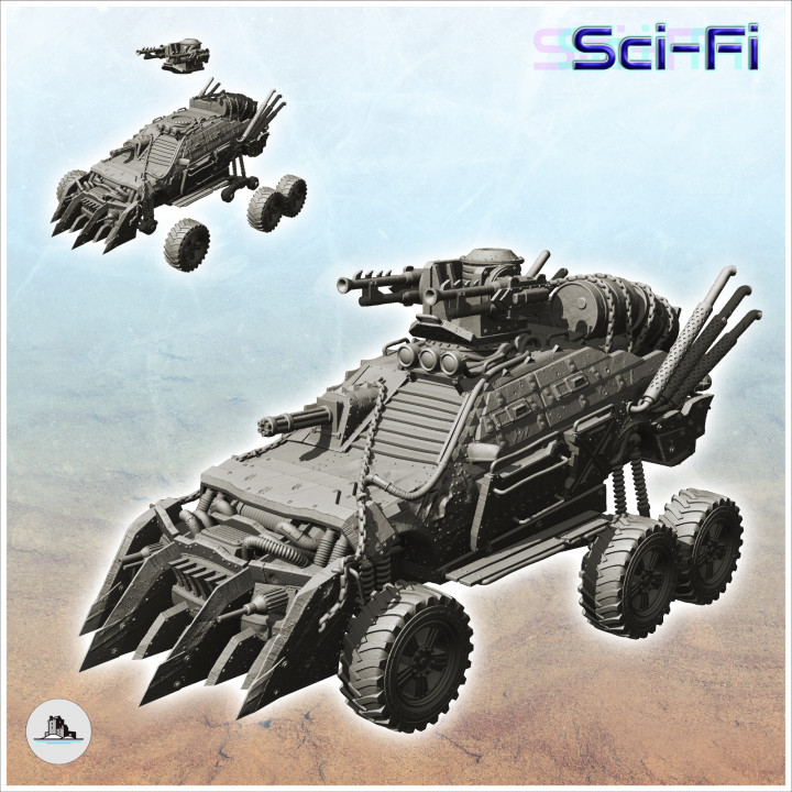 Six-wheeled vehicle with weapons, spikes and bulletproof windows (2) - Future Sci-Fi SF Post apocalyptic Tabletop Scifi image
