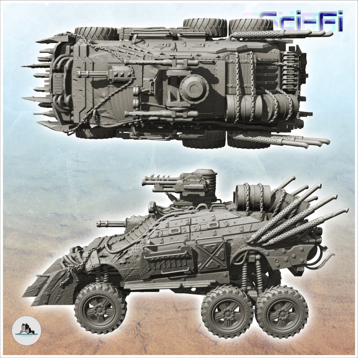 Six-wheeled vehicle with weapons, spikes and bulletproof windows (2) - Future Sci-Fi SF Post apocalyptic Tabletop Scifi image