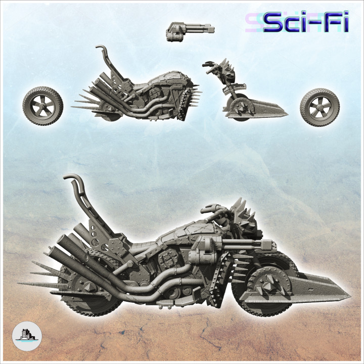 Post-apo motorbike with front spikes and double machine gun (4) - Future Sci-Fi SF Post apocalyptic Tabletop Scifi image