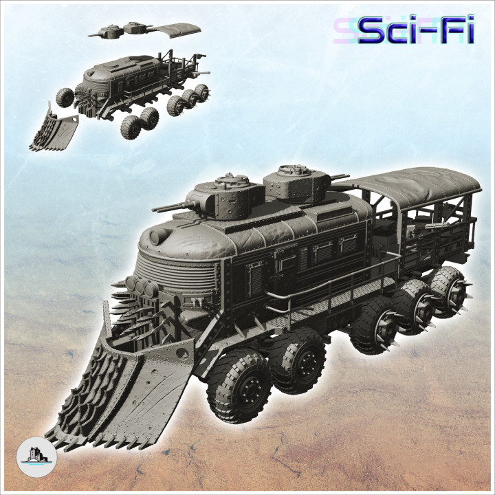 Post-apo train on wheels with armoured turrets and front shovel (5) - Future Sci-Fi SF Post apocalyptic Tabletop Scifi image