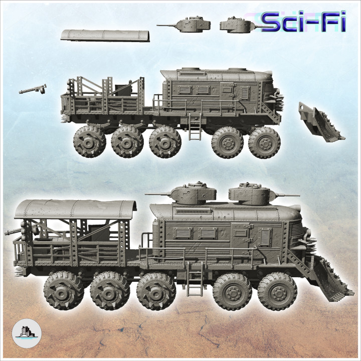 Post-apo train on wheels with armoured turrets and front shovel (5) - Future Sci-Fi SF Post apocalyptic Tabletop Scifi image