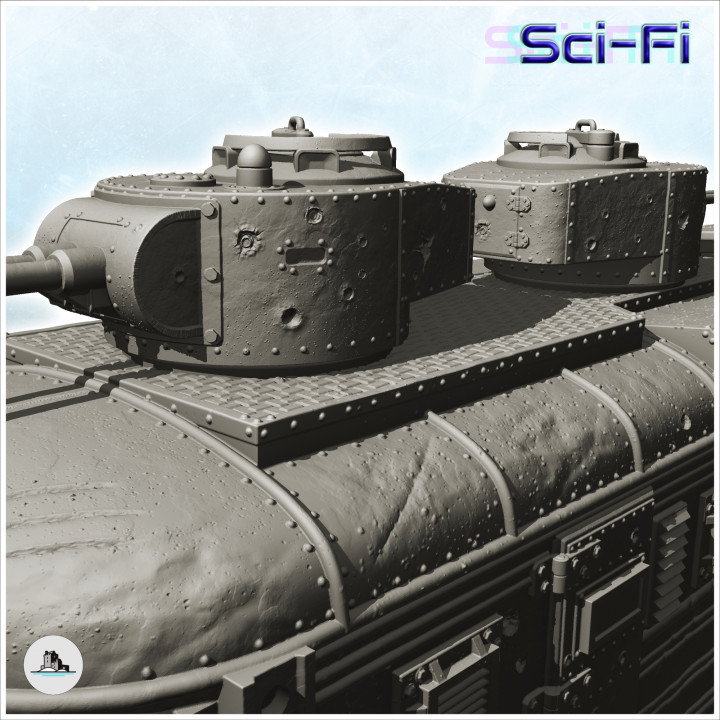 Post-apo train on wheels with armoured turrets and front shovel (5) - Future Sci-Fi SF Post apocalyptic Tabletop Scifi