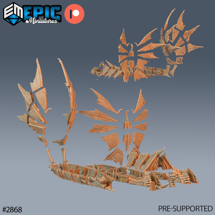 Dragon Bone Pirate Ship / Undead Corsair Sailing / Skeleton Ocean War Boat / Sea Warship image
