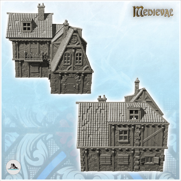 Large medieval house with spiked balcony and multiple floors (2) - Medieval Gothic Feudal Old Archaic Saga 28mm 15mm image
