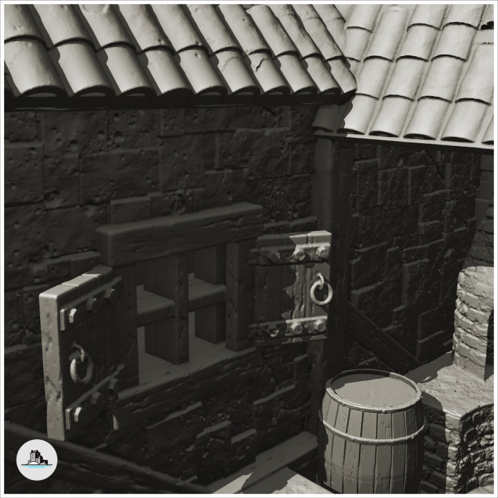 Medieval blacksmith's workshop with outdoor forge under canopy and access stairs (4) - Medieval Gothic Feudal Old Archaic Saga 28mm 15mm