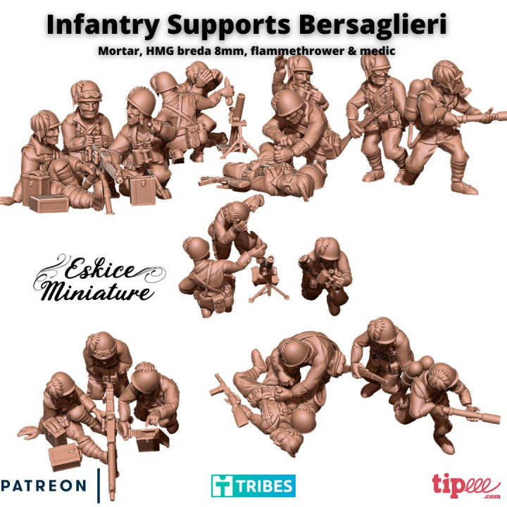 Infantry Supports Bersaglieri (HMG, Mortar, Medic, Flammethrower) - 28mm image