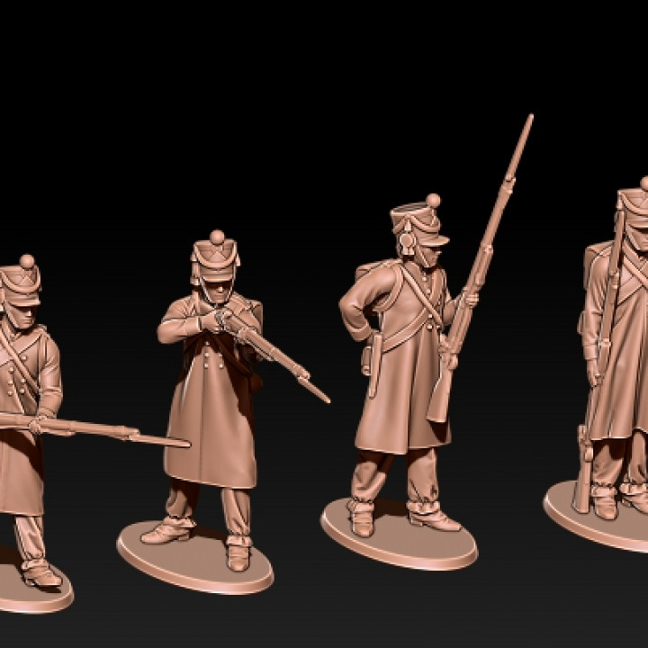 Napoleonic fusiliers in greatcoats shako