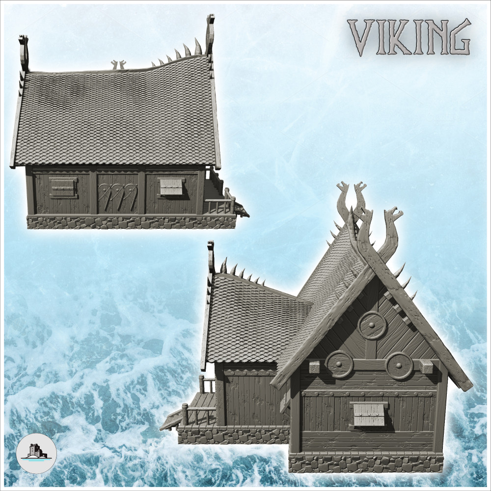 3D Printable Wooden viking house on platform with double