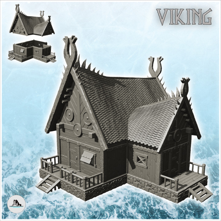 Wooden viking house on platform with double stairs and annex (12) - North Northern Norse Nordic Saga 28mm 15mm image