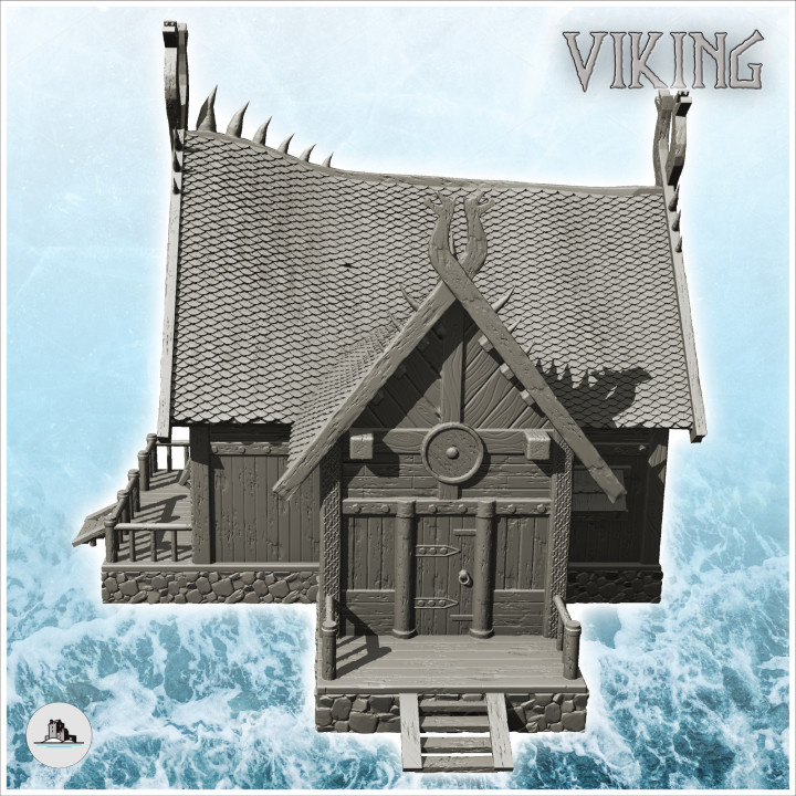 Wooden viking house on platform with double stairs and annex (12) - North Northern Norse Nordic Saga 28mm 15mm image
