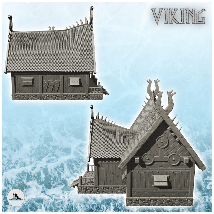 3D Printable Wooden viking house on platform with double