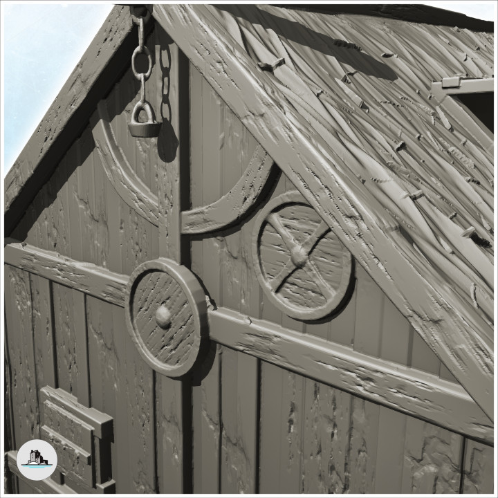 Wooden Viking building with access stairs and pediment chain (16) - North Northern Norse Nordic Saga 28mm 15mm