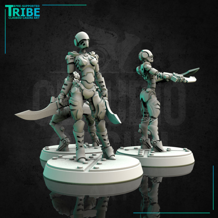 (0118) Female android robot cyborg ninja assassin sci-fi with knives three pose