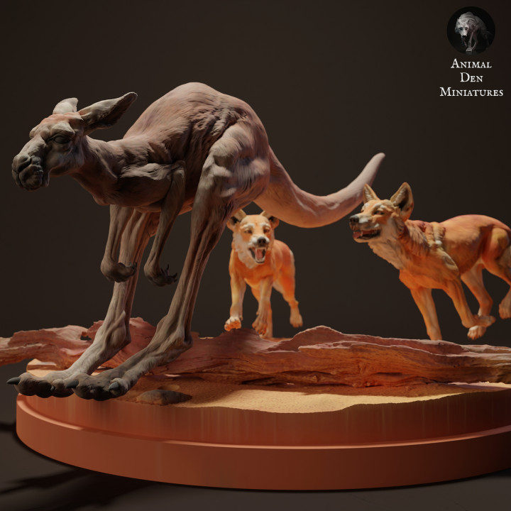 3D Printable Dingoes Hunting Red Kangaroo by Animal Den Miniatures