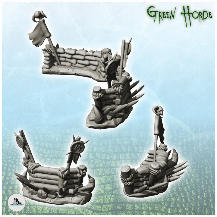 Set of two orc barricades with sand and skull flag (1) - Ork Green Horde SF Beast Chaos Demon Ogre image