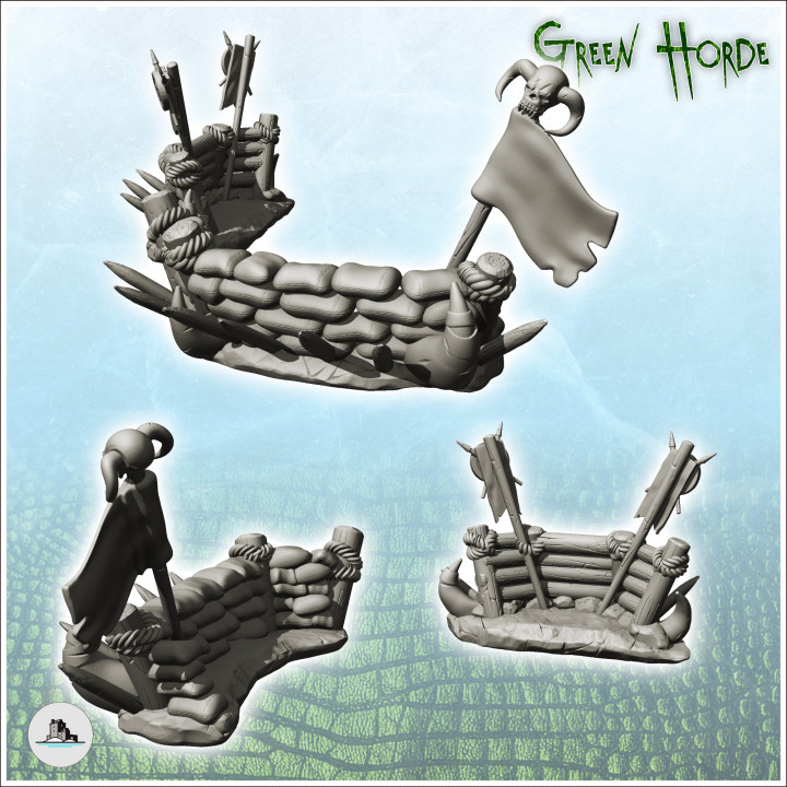Set of two orc barricades with sand and skull flag (1) - Ork Green Horde SF Beast Chaos Demon Ogre image