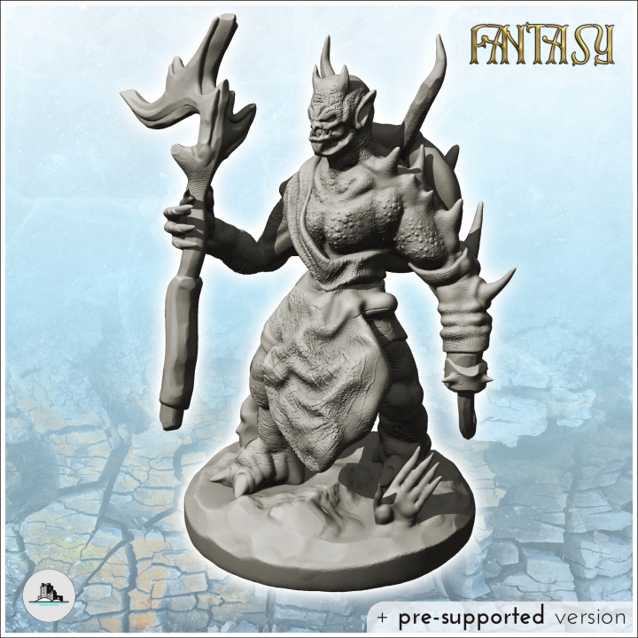 Dark creature with big stick and back shield (9) - Medieval Fantasy Magic Feudal Old Archaic Saga 28mm 15mm Chaos Darkness Demon image