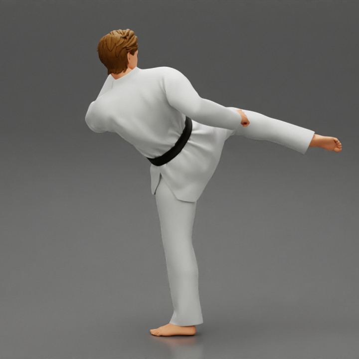 Karate man in a white kimono with a black belt image