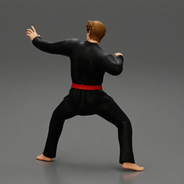 Karate man in a black kimono with a red belt image