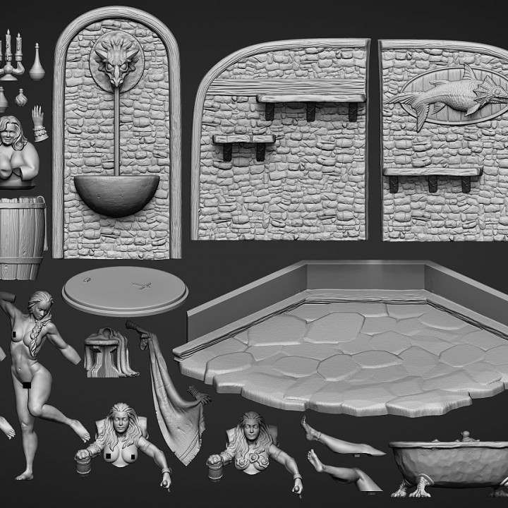 3D Printable Chilling in the bath house diorama by Claydemon Miniatures