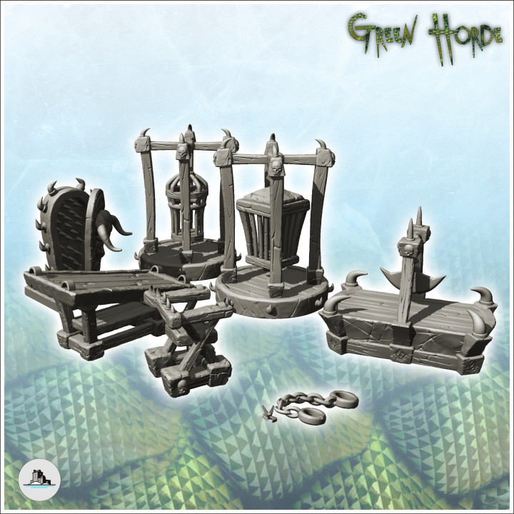 Set of chaos torture accessories with metal cages and spiked coffin (15) - Ork Green Horde Fantasy Beast Chaos Demon Ogre image