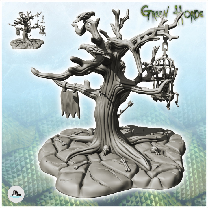 Evil tree with flags and skeleton in metal cage (12) - Ork Green Horde Fantasy Beast Chaos Demon Ogre image