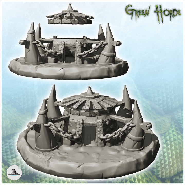 Round orc building with wooden roof and four horns (5) - Ork Green Horde Fantasy Beast Chaos Demon Ogre image