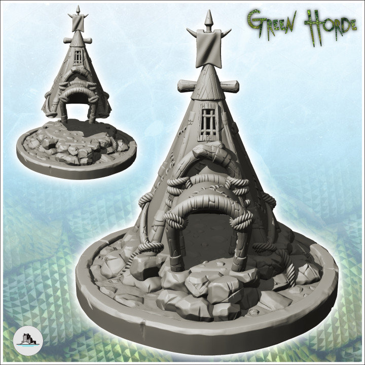 Orc canvas tent with flag on base (8) - Ork Green Horde Fantasy Beast Chaos Demon Ogre image