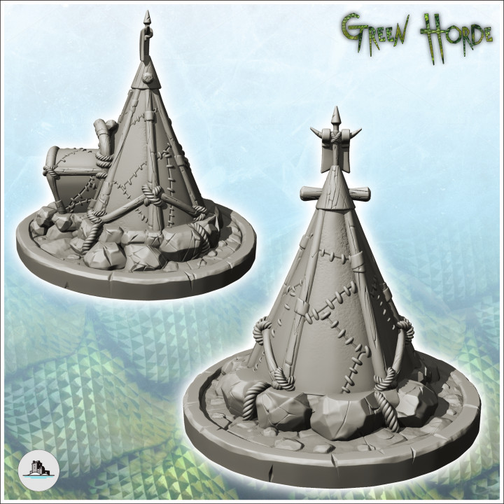 Orc canvas tent with flag on base (8) - Ork Green Horde Fantasy Beast Chaos Demon Ogre image
